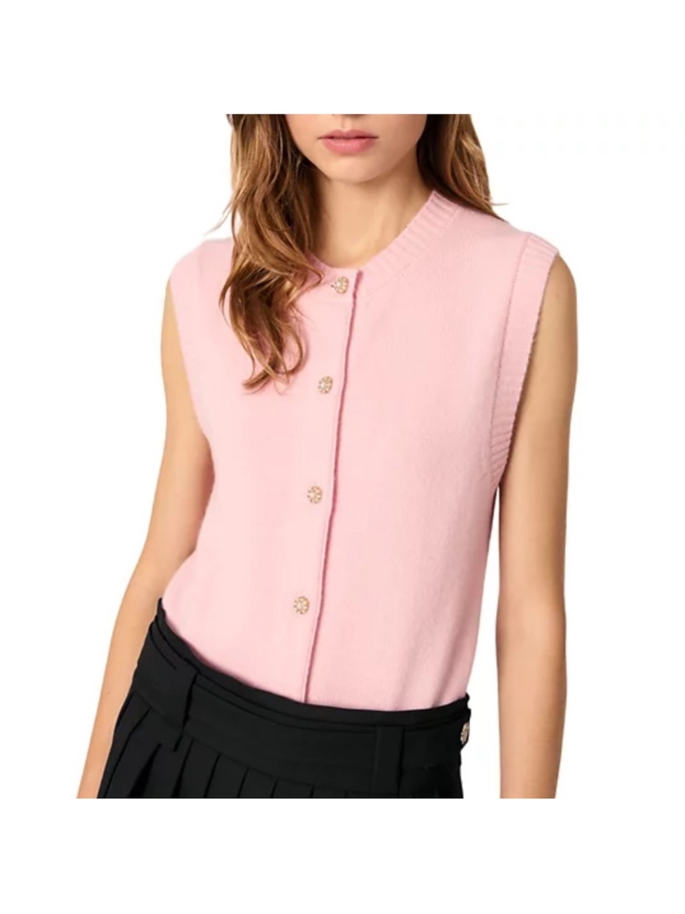 Maje Pale Pink Sleeveless Button Knit Cardigan Wool and Cashmere Blend